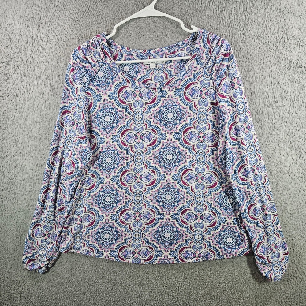 Chicos Blue Purple Medallion Paisley Print Long Sleeve Blouse Top Size 3 XL